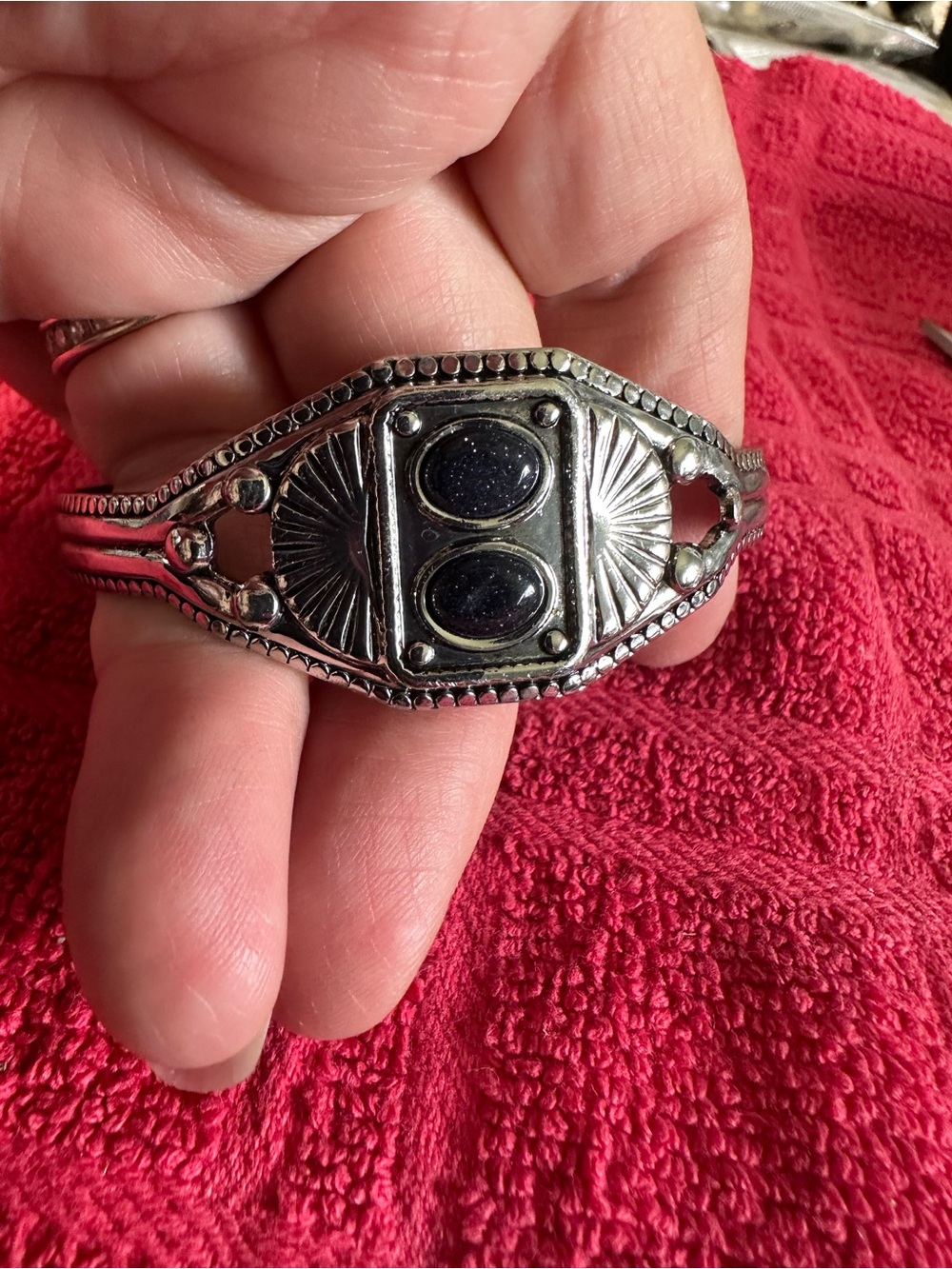 Sun + Stone Silver Cuff Bracelet with Black Stones